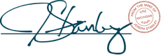 A blue signature is shown on the side of a black background.